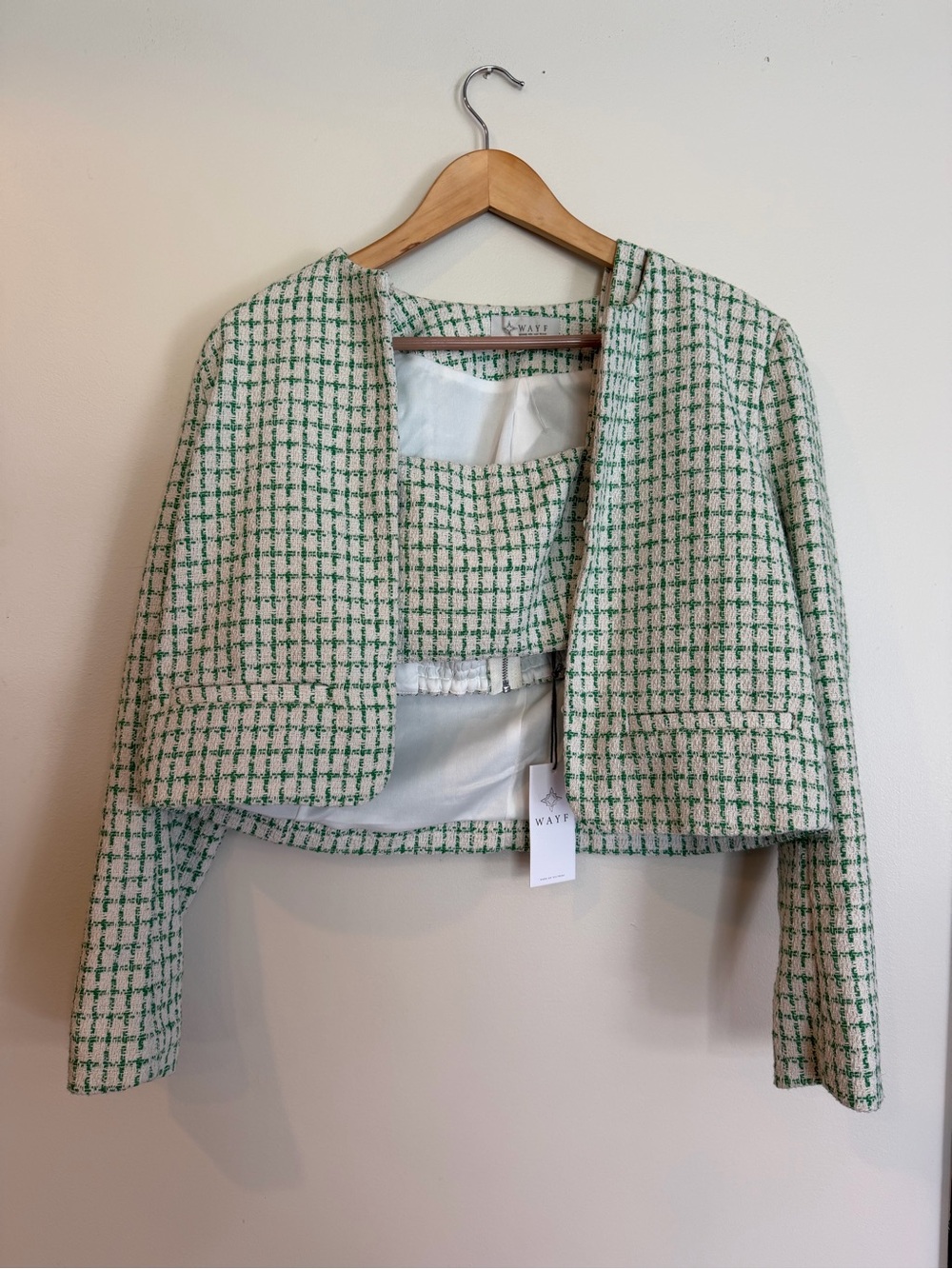 NWT Wayf Green & Cream Cropped Tweed Blazer preppy clueless Size small